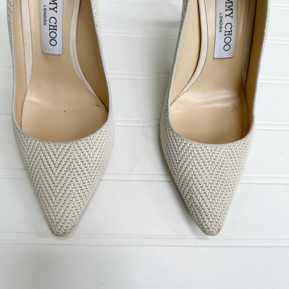 Jimmy Choo Romy 100 Embossed Leather Pumps Latte Cream Off White Heels 37 - Picture 3 of 10